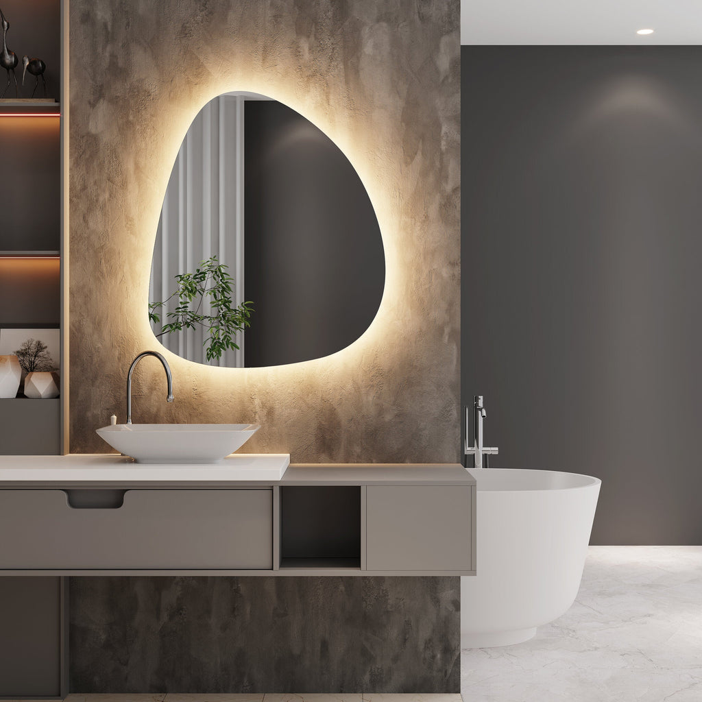 LED Bathroom Mirror Modern Backlit Design – Asymmetrical Organic Shape Wall Mirror
