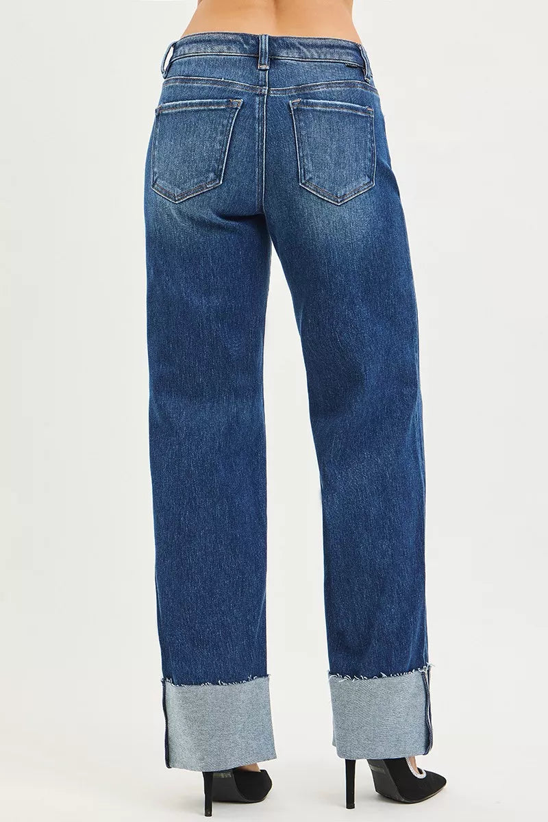 Mid Rise Wide Straight Jeans With Wide Cuff