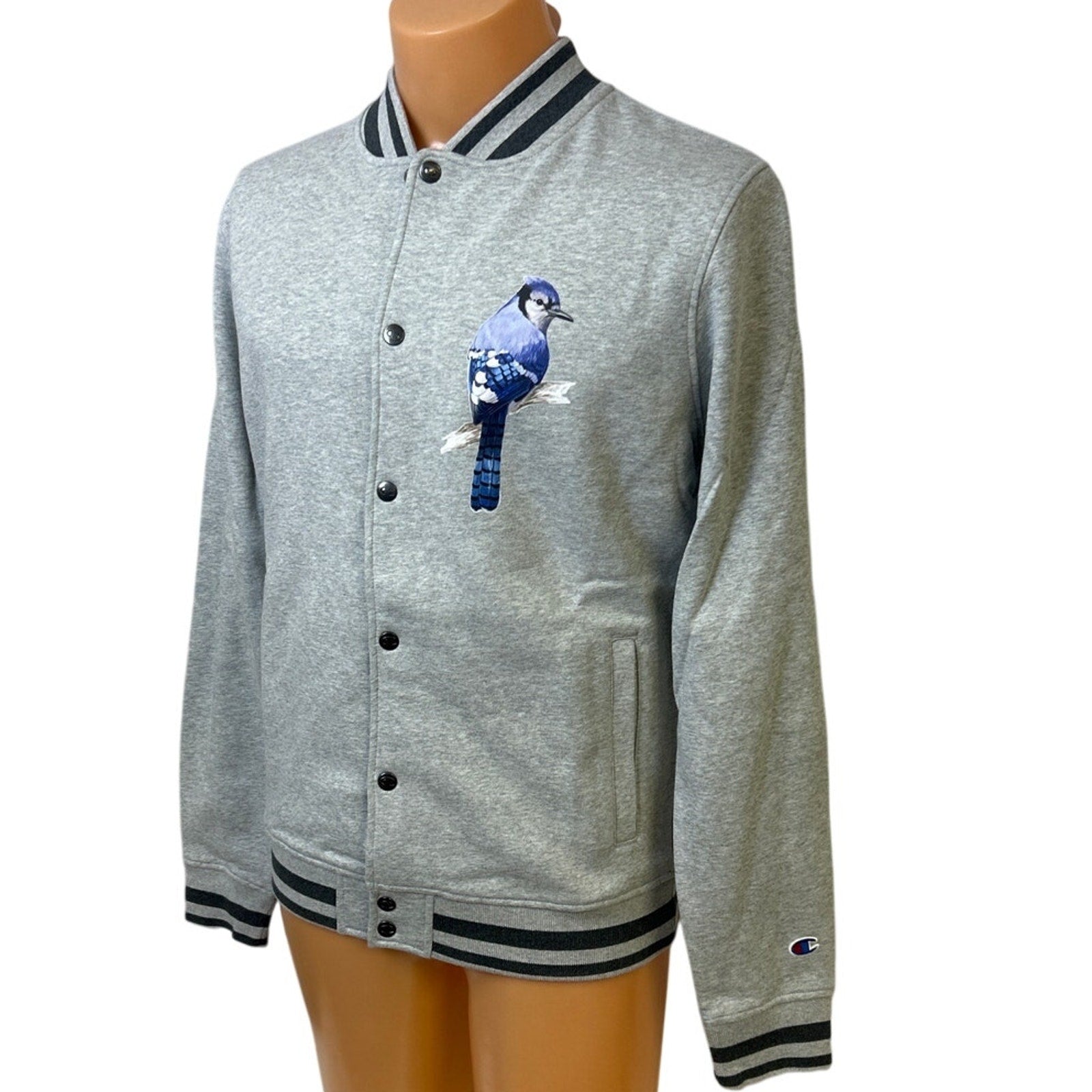 New Champion Mens Medium Gray Snap Up Hand Printed Blue Jay Bird Bomber Jacket