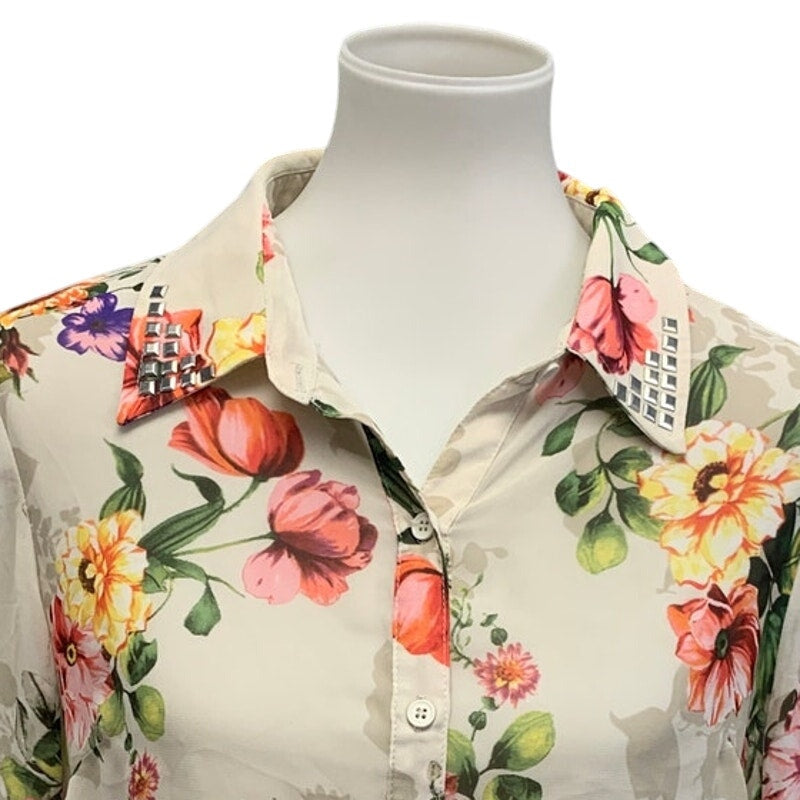 Forever 21 Womens Large Sheer Lightweight Floral Button Down Long Sleeve Blouse