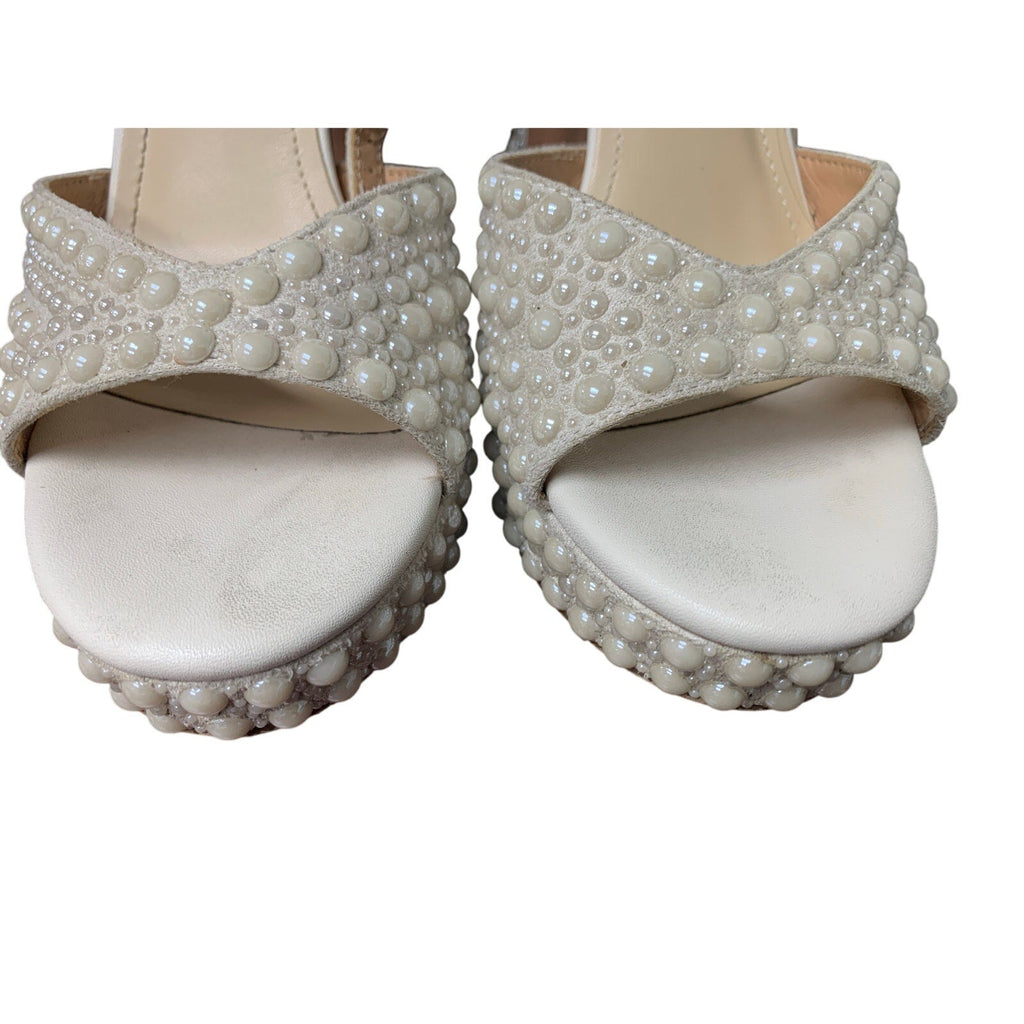 Teaieui Womens 7.5 White Pearl Open Toe 5" Heels Platform Block Sandals Shoes