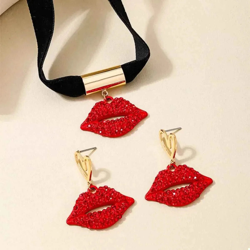 Rhinestone Lip Earrings and Necklace Jewelry Set