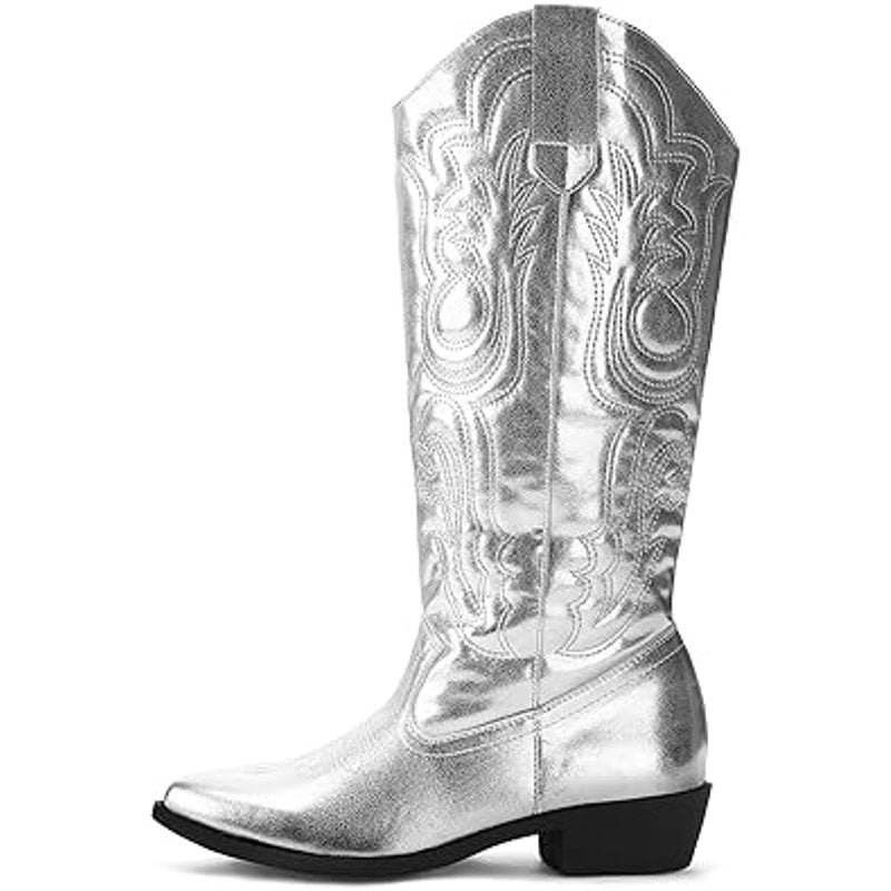 Mysoft Womens Size 7 Shiny Silver Mid Calf 1.5" Chunk Heel Cowgirl Western Boots
