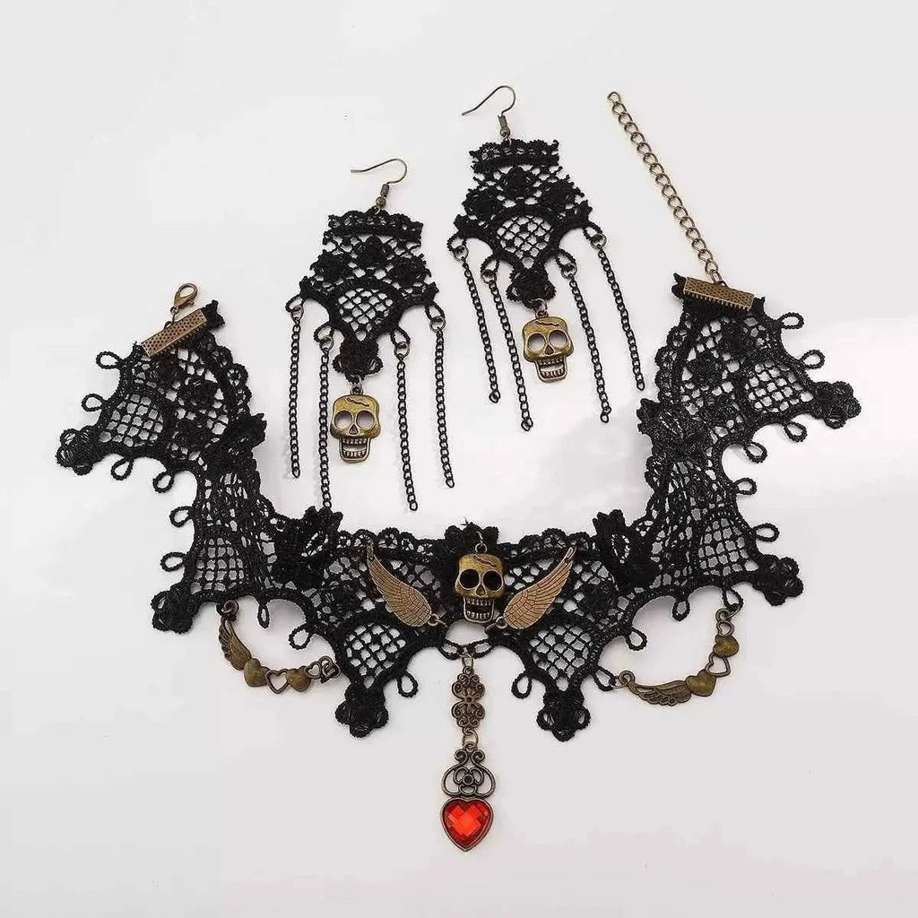 Halloween Lace Skull Necklace : Earrings Jewelry Set