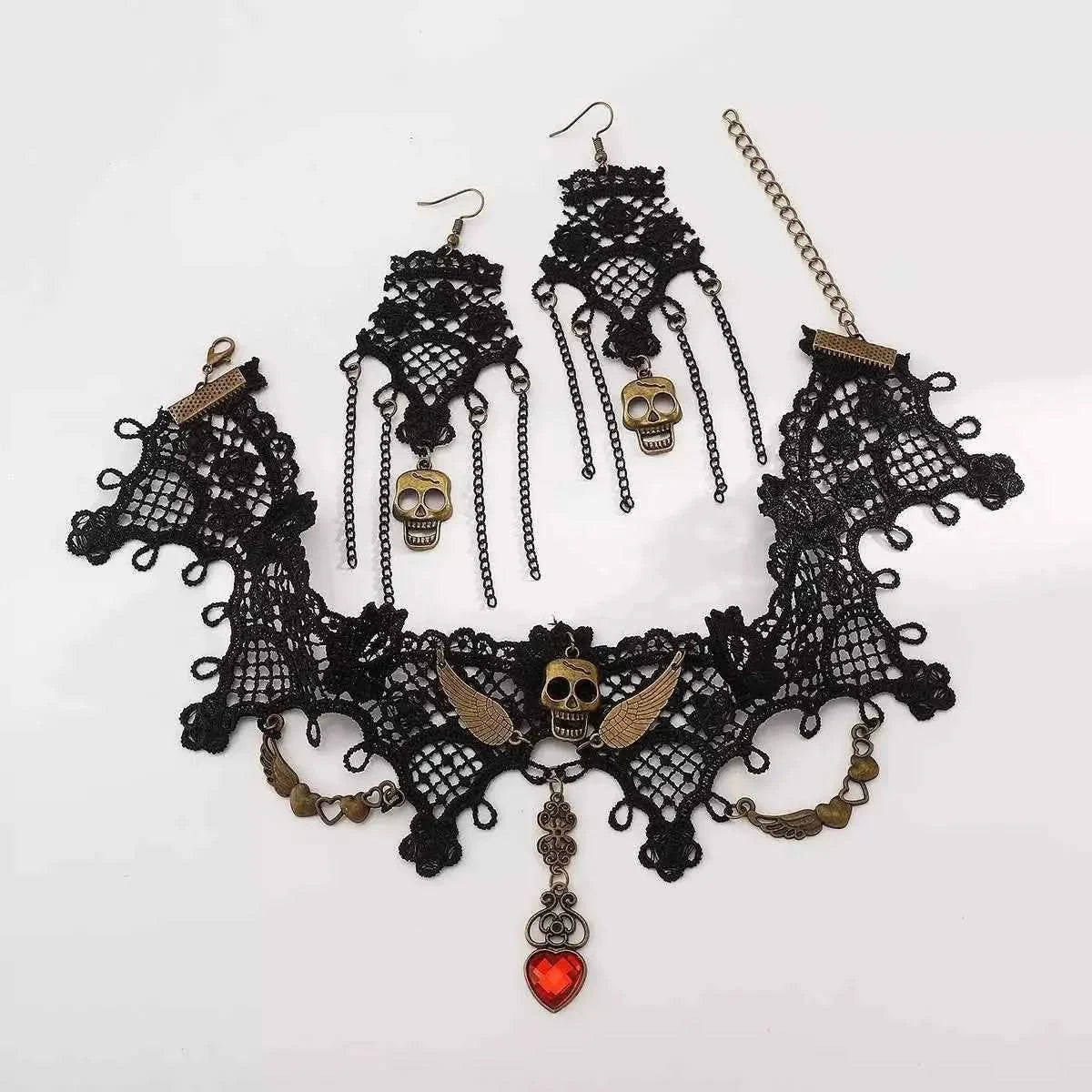 Halloween Lace Skull Necklace : Earrings Jewelry Set