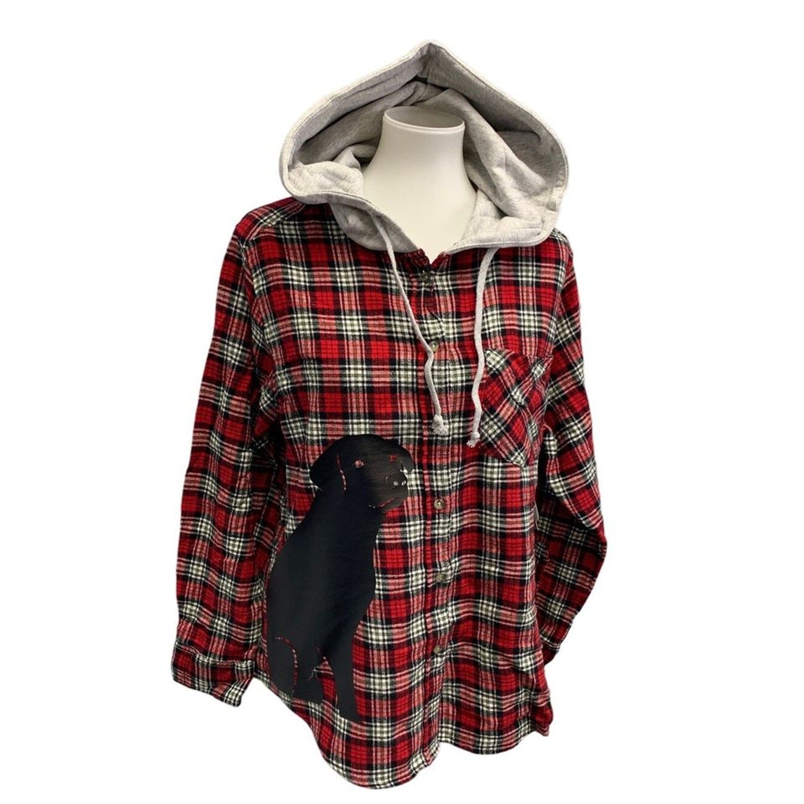 New Hand Printed Womens XXL Black Lab Dog Long Sleeve Plaid Flannel Hoodie