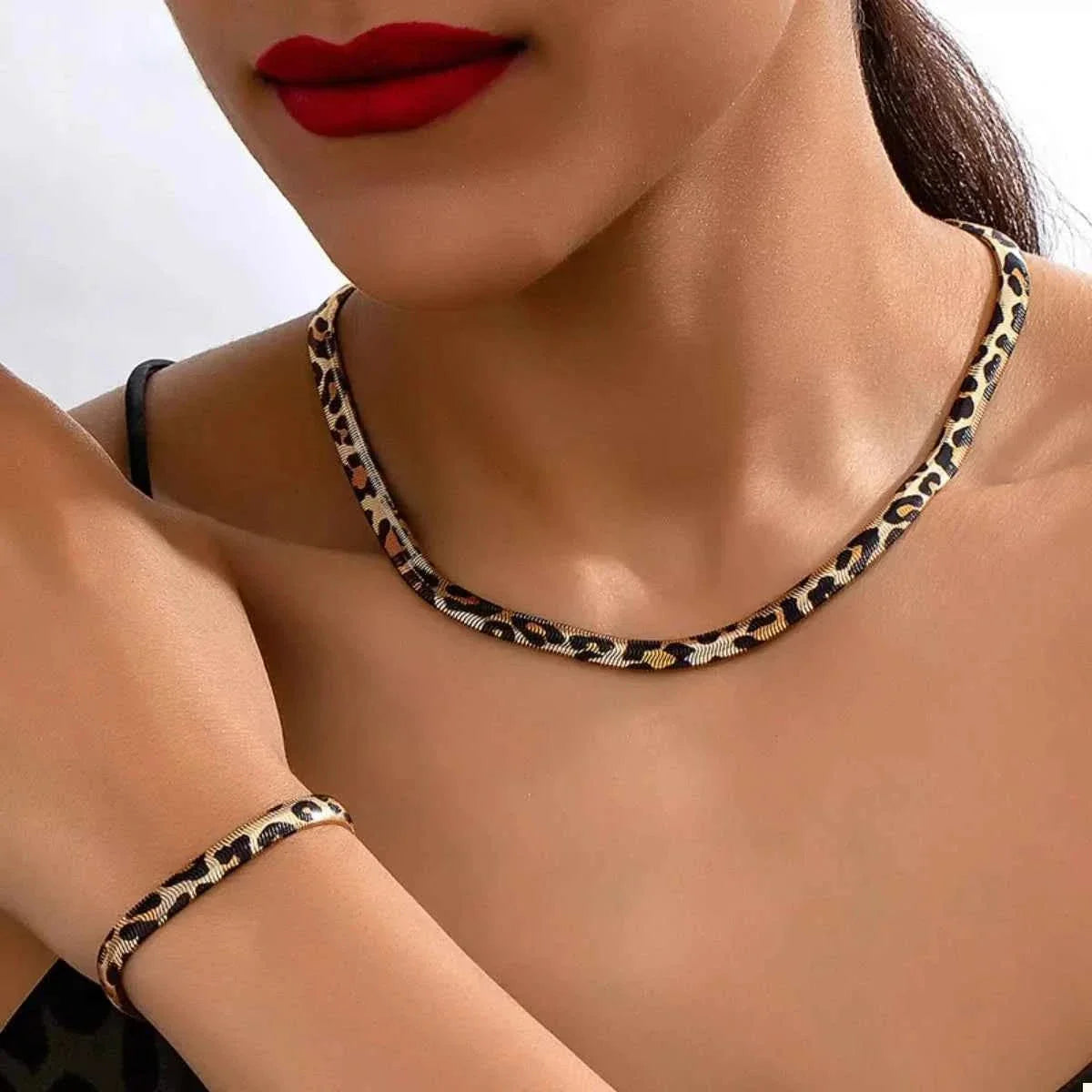 Chunky Leopard Necklace : Bracelet Jewelry Set