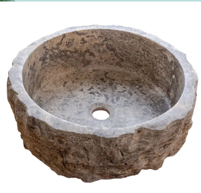 Travertine Vessel Sink | Natural Stone Bathroom Sink | Rustic Hand-Carved Basin