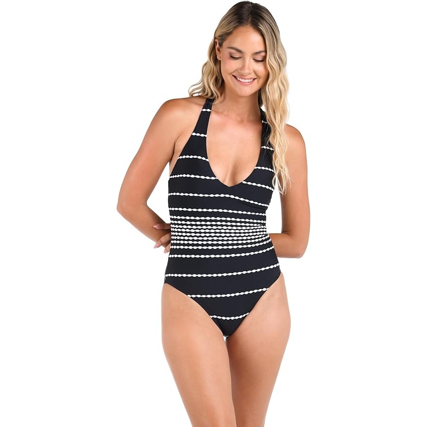 NWT New La Blanca Womens Size 4 Black City Lights Back Tie One Piece Swimsuit