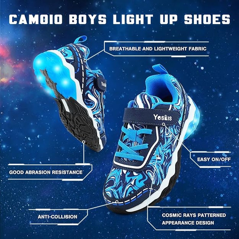 Yeskis Boys Size 3 Blue Swirl Light Up Hook Loop Elastic Lace Slide On Shoes