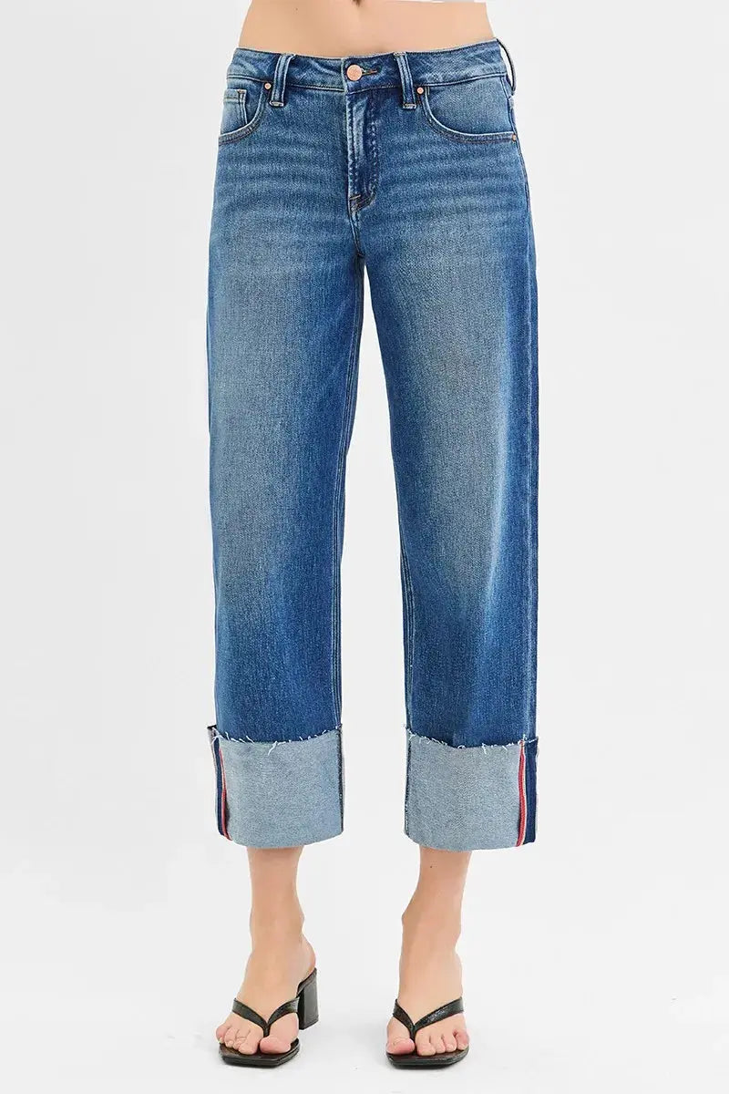 Full Size/Plus Size Tummy Control Mid Rise Crop Wide Cuffed RISEN Jeans