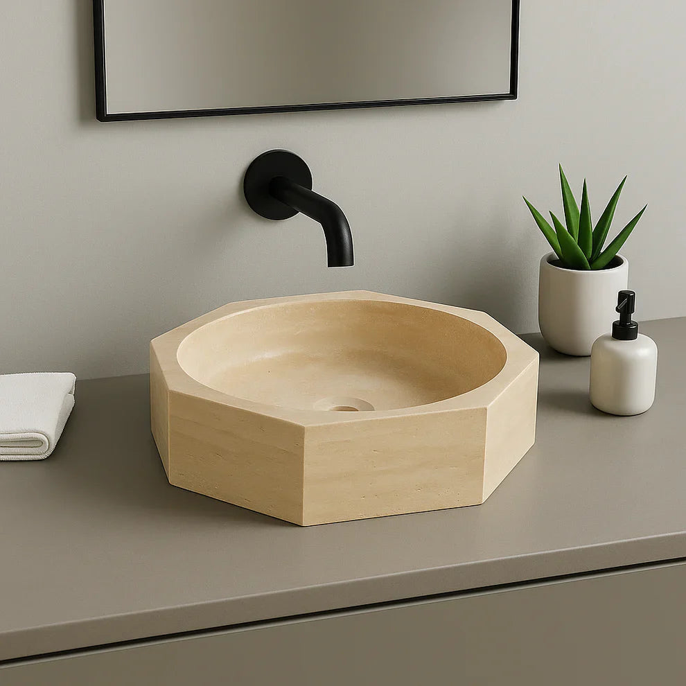 Travertine Vessel Sink | Octagon Natural Stone Bathroom Basin | Luxury Beige Marble Sink