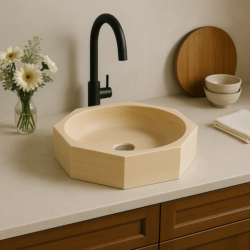Travertine Vessel Sink | Octagon Natural Stone Bathroom Basin | Luxury Beige Marble Sink