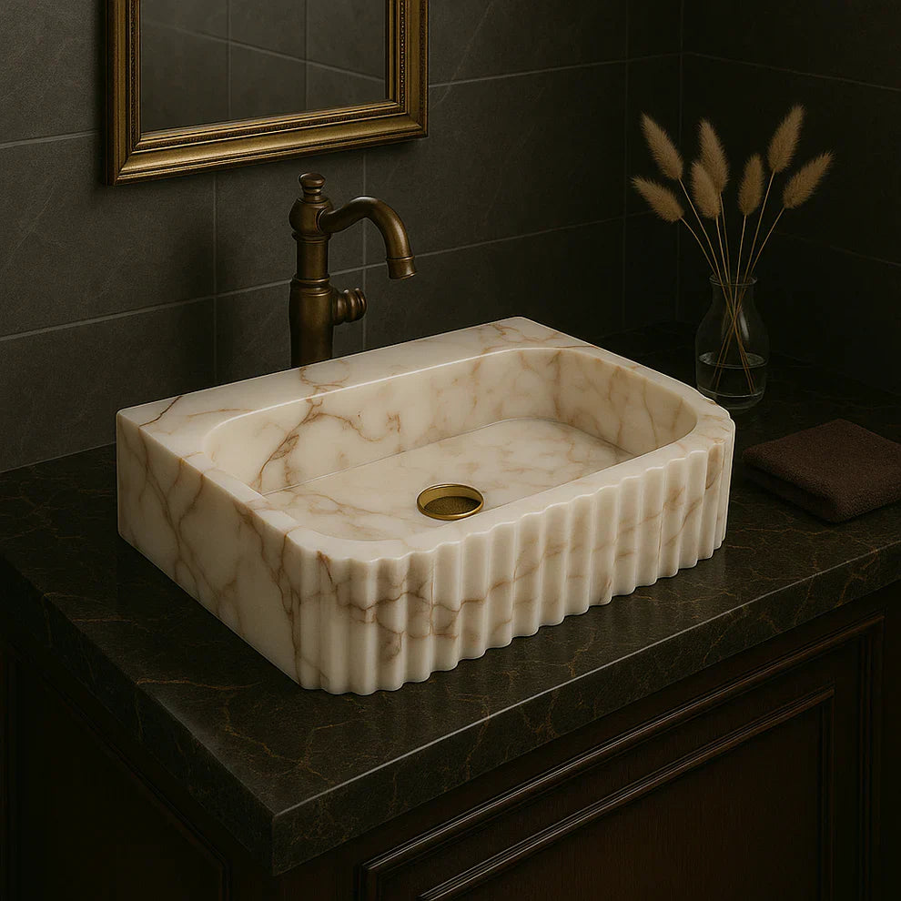 Calacatta Marble Vessel Sink - Luxury Fluted Bathroom Basin 16x20 | Premium Stone Sink USA