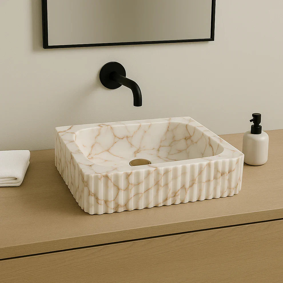 Calacatta Marble Vessel Sink - Luxury Fluted Bathroom Basin 16x20 | Premium Stone Sink USA