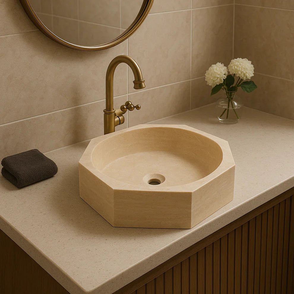 Travertine Vessel Sink | Octagon Natural Stone Bathroom Basin | Luxury Beige Marble Sink