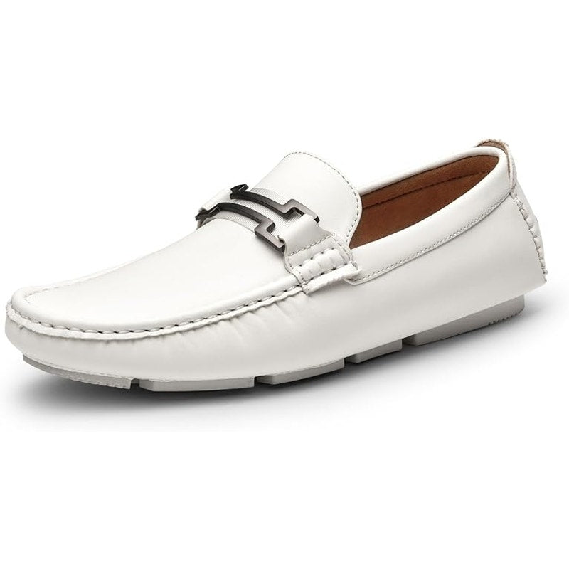Bruno Marc Men Size 10.5 White Faux Leather Buckle Slide On Driving Loafer Shoes