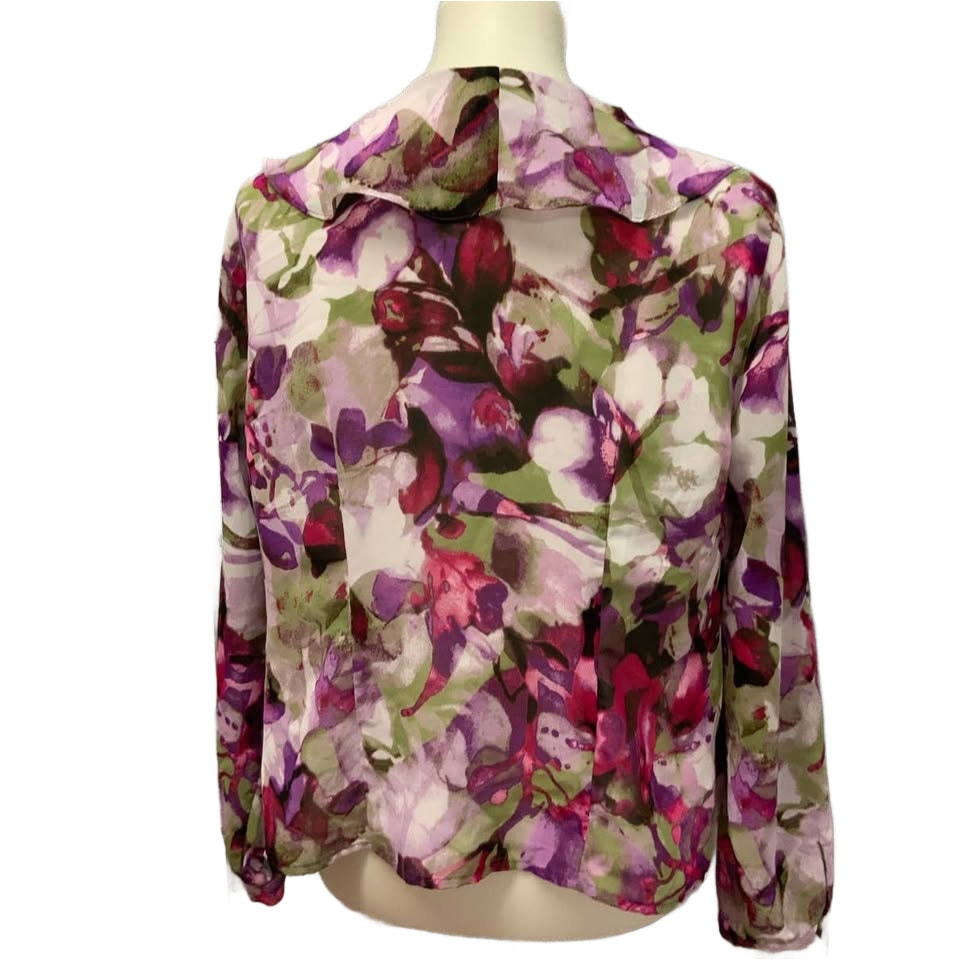 Evan Picone Petite 12P Long Sleeve Floral Ruffled Polyester Button Down Blouse