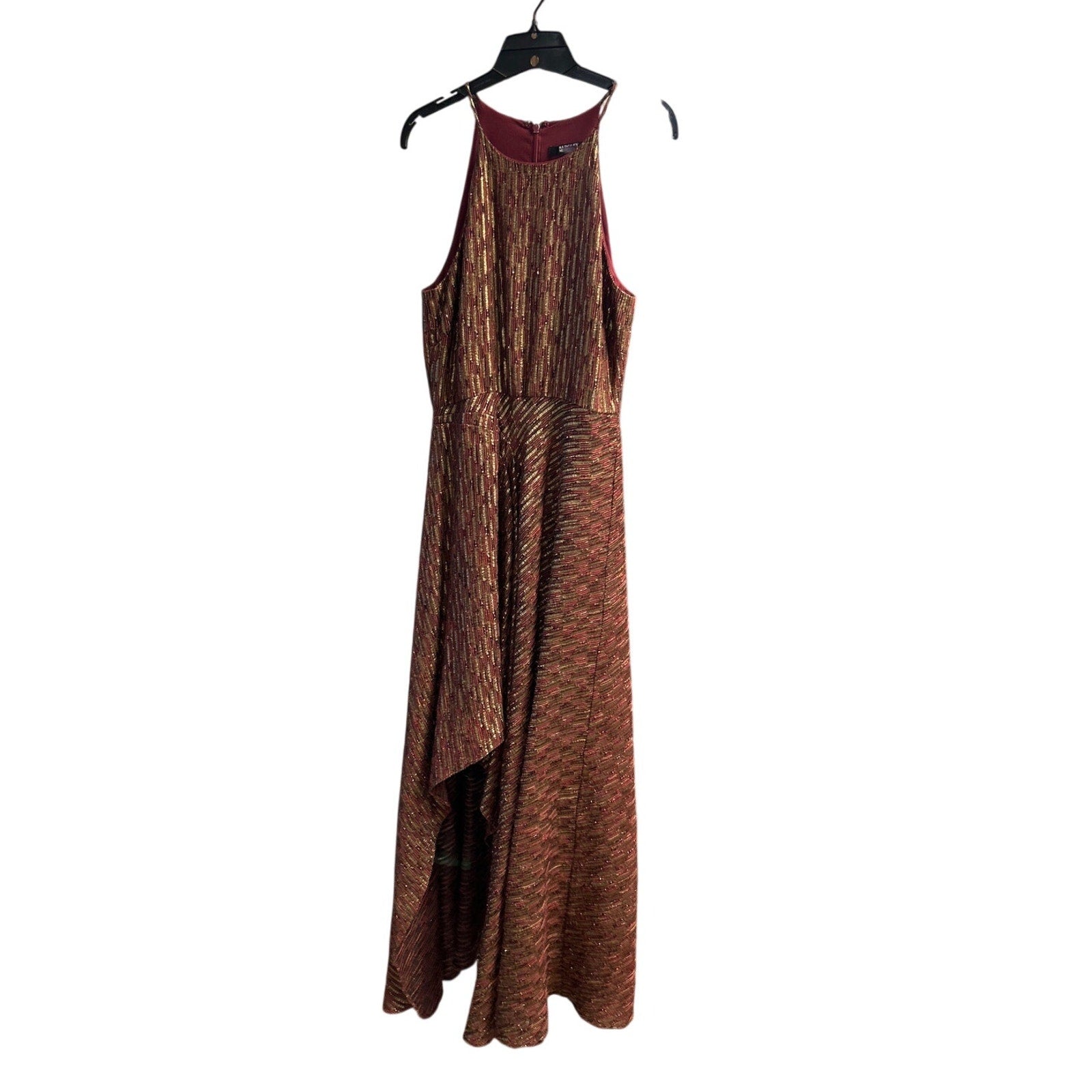 Badgley Mischka 18 Tall Ruby Metallic Gold Hi Low Leg Slit Halter Dress Gown