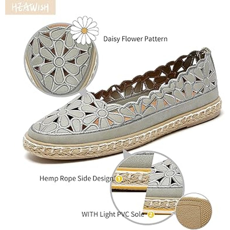 New Heawish Womens 9.5 Silver Daisy Flower Cutoout Espadrille Ballet Flat Shoes