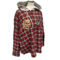 New Hand Printed Womens XXL Rustic Pine Cone Long Sleeve Plaid Flannel Hoodie