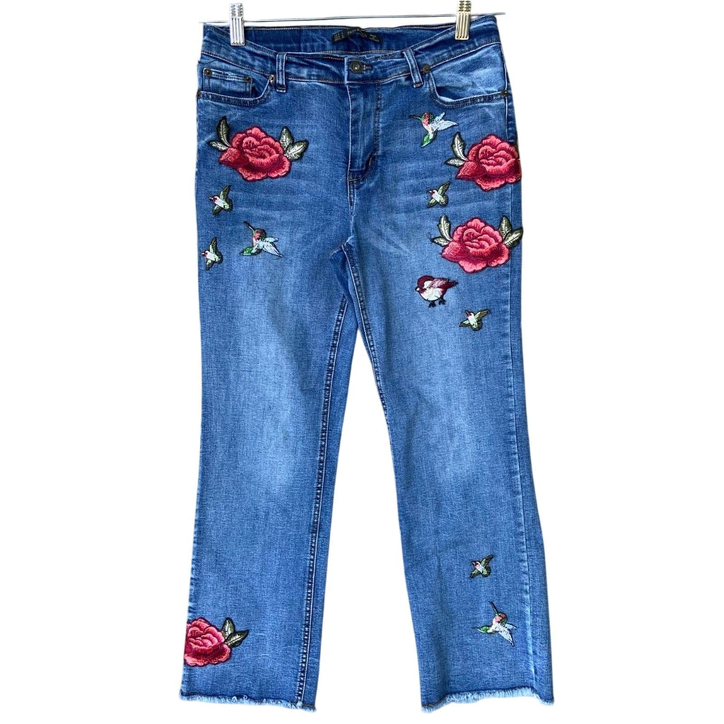 Paul & Zera Womens Large (8) Boho Hummingbird Floral Patches Denim Blue Jeans
