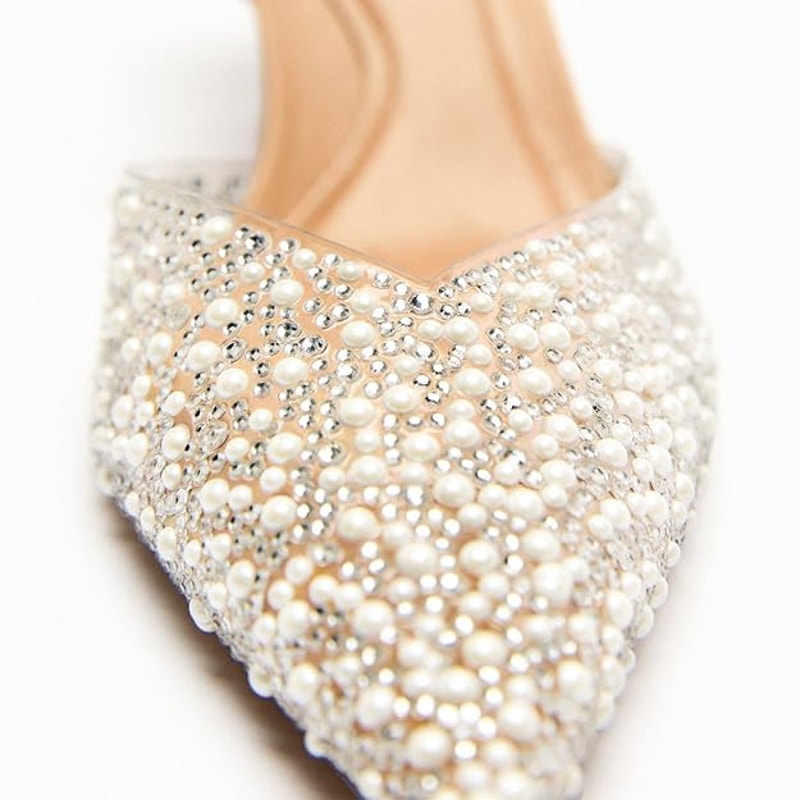 Yiya Womens 7.5 Clear Silver White Studded Pointed Toe Slingback 3" Heels Shoes