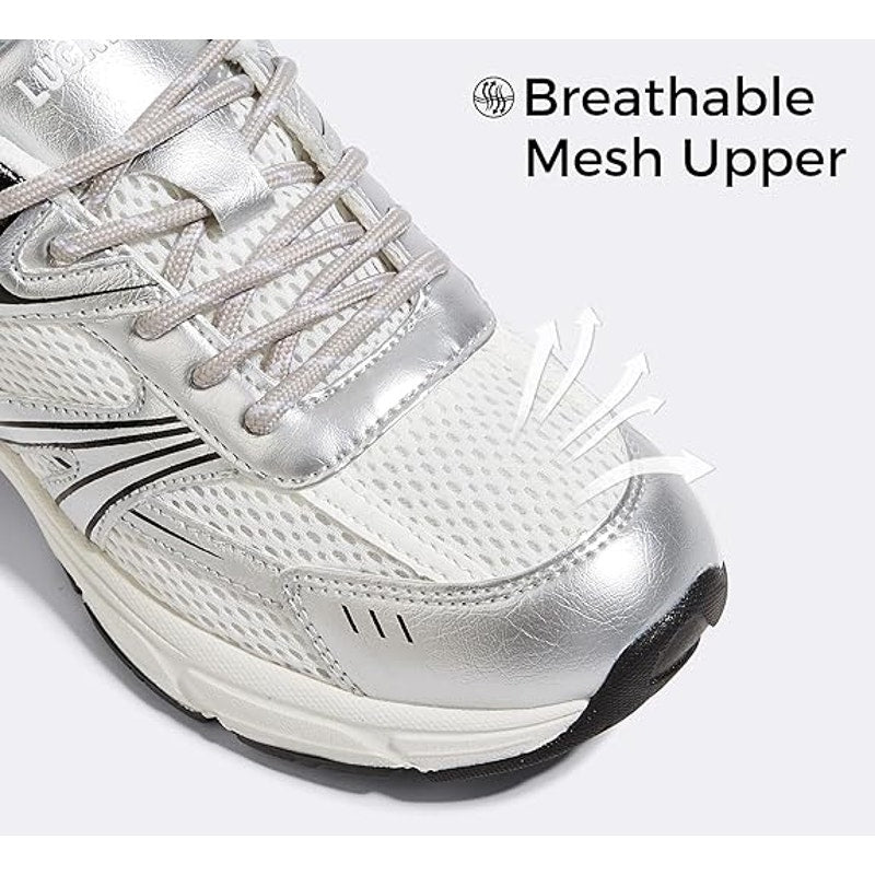 Lucky Step Womens Size 9 White Silver Mesh Lace Up Air Cooled Athletic Shoes