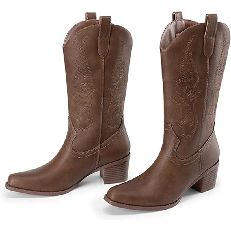 Dream Pairs Womens Size 7.5 Brown 2.5" Chunky Heel Pull On Western Cowboy Boots