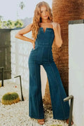 Spaghetti Strap Wide : Leg Denim Jumpsuit