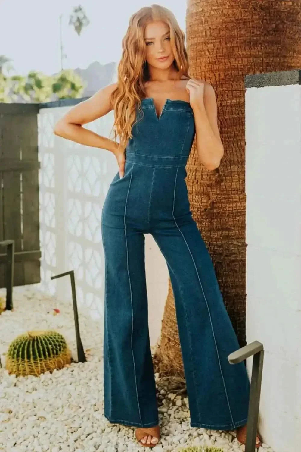 Spaghetti Strap Wide : Leg Denim Jumpsuit
