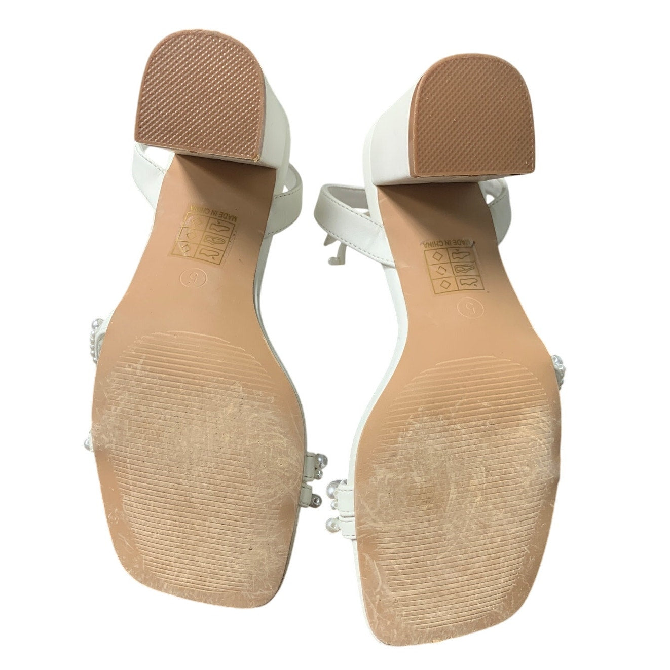 Shoe'N Tale Womens 5 White Pearl Open Toe Ankle Strap 3" Block Heel Sandal Shoes