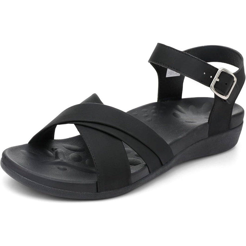 Utenag Womens Size 9.5 Black Open Toe Buckle Strap Comfort Flat Walking Sandals