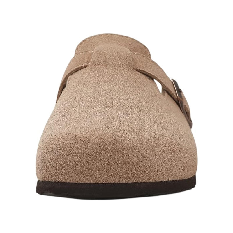 Kidmi Womens 7.5 Beige Suede Clogs Open Round Toe Adjustable Strap Slip On Shoes