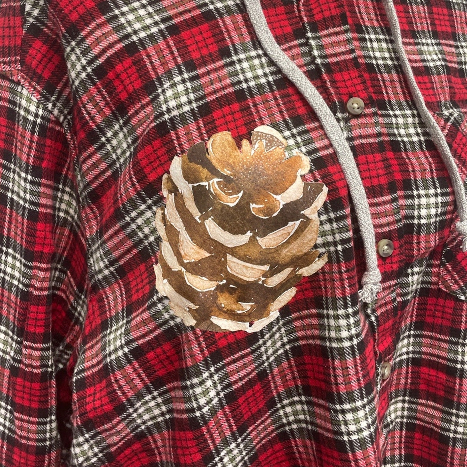 New Hand Printed Womens XL Rustic Pine Cone Long Sleeve Plaid Flannel Hoodie