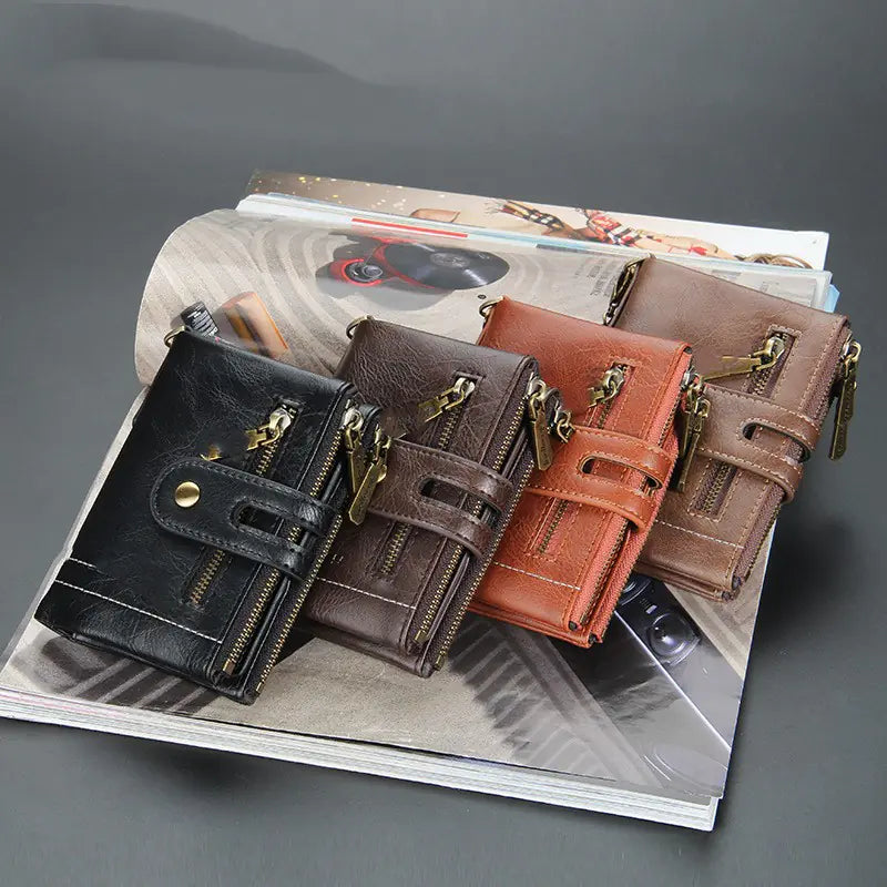 Men's Short Wallet with Double Zippers