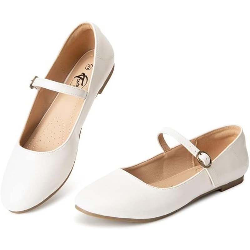 Trary Womens Size 8 White Flats Round Toe Buckle Strap Mary Jane Flat Shoes