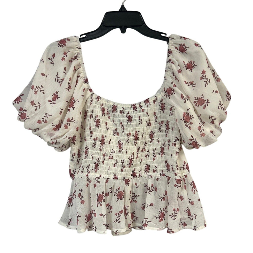 New Francescas Womens XS Cream Pink Floral Boho Blouson Cottage Smocked Top