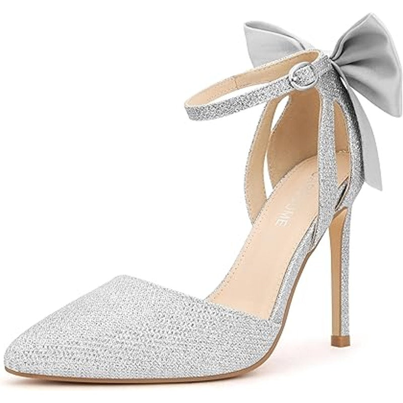 Carcuume Womens Size 8 Glitter Bow 4" High Heels Closed Toe Pumps Stiletto Shoes