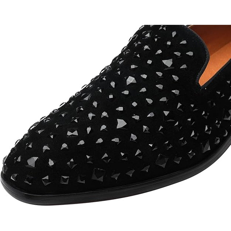 New Elanroman Mens Size 10 Black Rhinestone Tuxedo Slip On Wedding Loafer Shoes