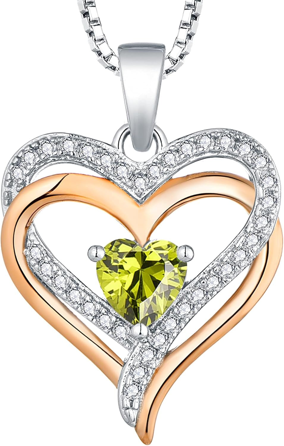 925 Sterling Silver Heart Necklace for Women Double Love Heart Pendant 18K Rose Gold Plated Created Peridot Jewelry for Mom