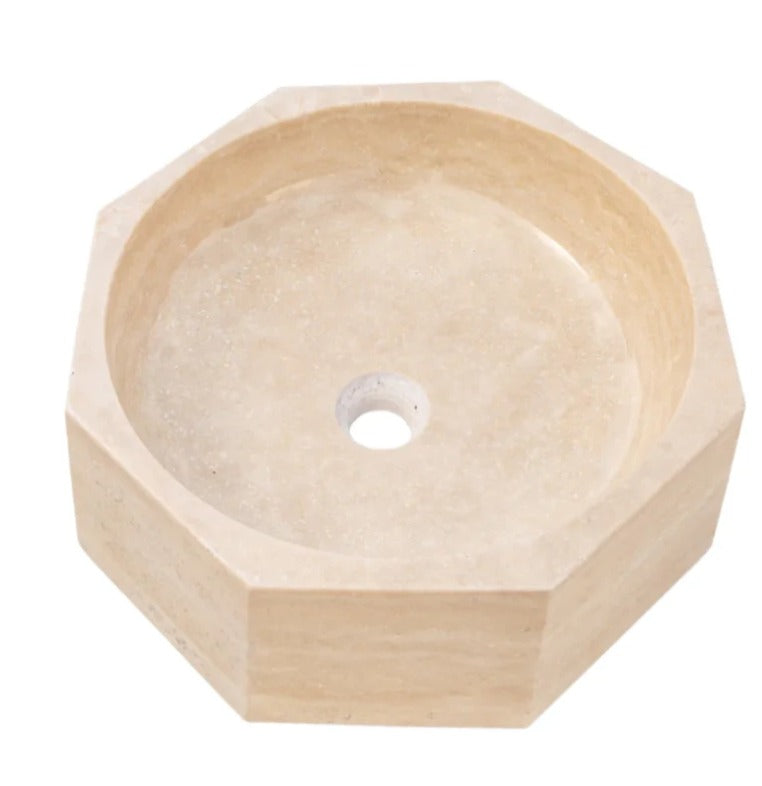 Travertine Vessel Sink | Octagon Natural Stone Bathroom Basin | Luxury Beige Marble Sink