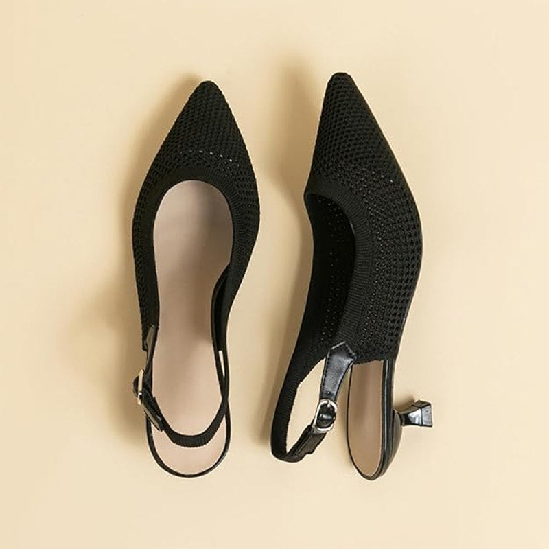New Youngshow Womens 5 Black Mesh Pointy Toe 1.5" Kitten Heel Slingback Shoes