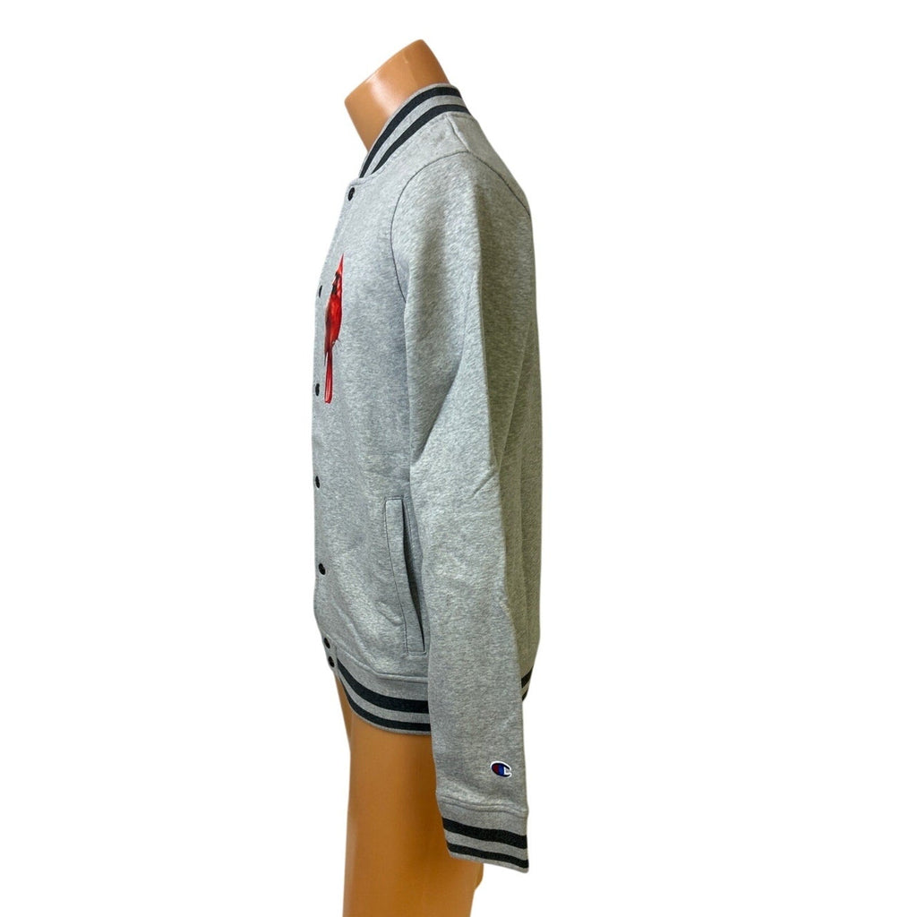 New Champion Mens 2XL Gray Snap Up Hand Printed Cardinal Bird Bomber Jacket