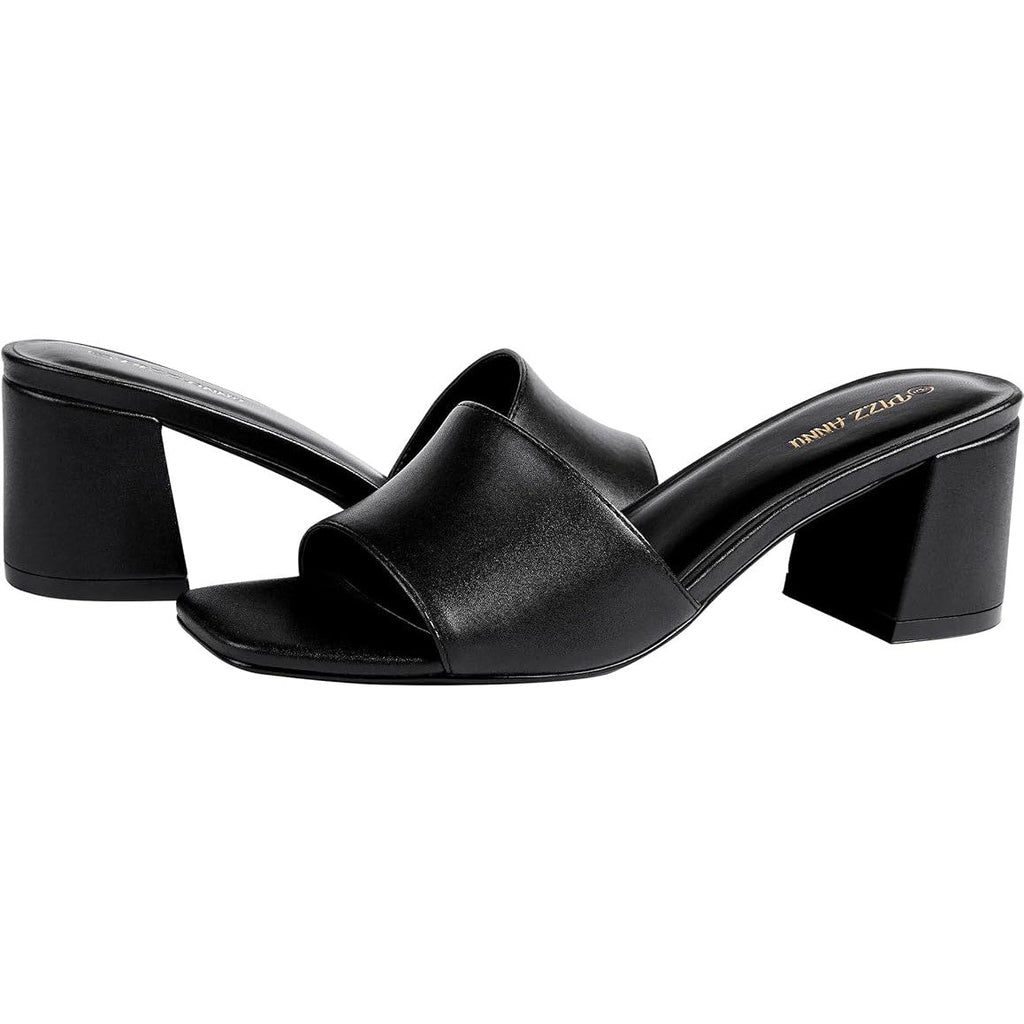Pizz Annu Womens 8 Black Faux Leather Open Toe Slide On 2.5" Block Heel Shoes