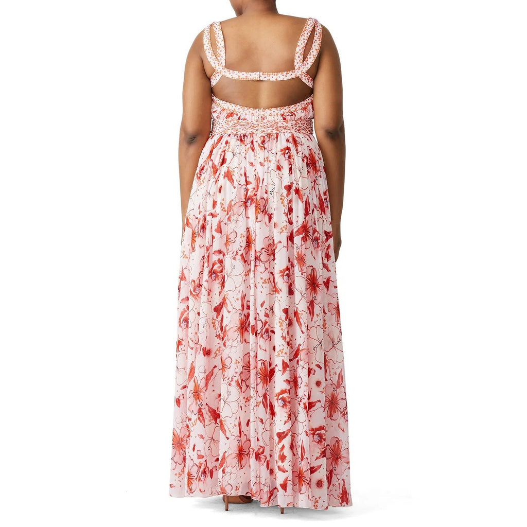 Badgley Mischka Size 14 Pink Floral Cris Cross Back Deep V Flowy Maxi Dress Gown