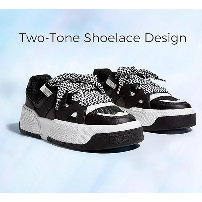 Lucky Step Womens Size 9 Black Thick Sole Faux Leather Retro Platform Sneakers