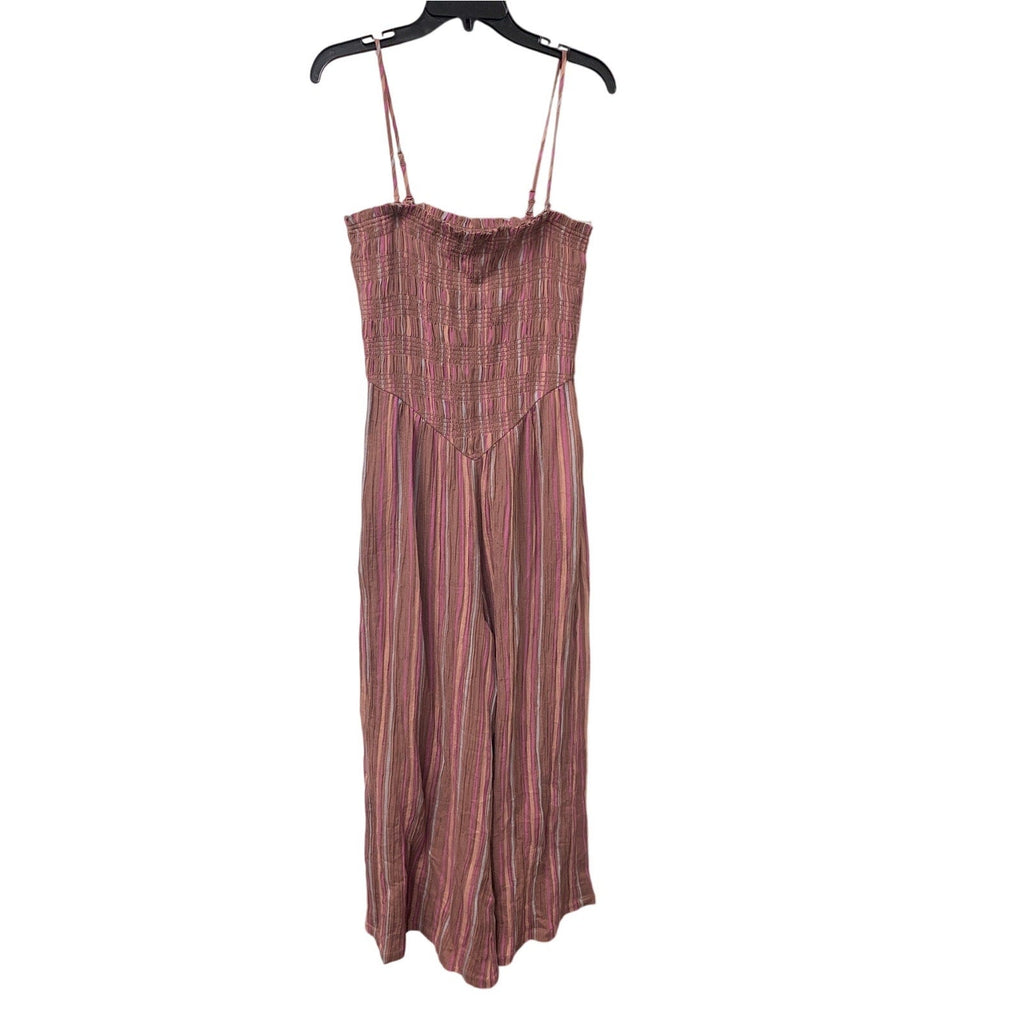 American Eagle Womens Medium Brown Pink Striped Smocked Wide Leg Long Jumpsuit