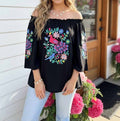 Floral & Bird Embroidered Off-shoulder Boho Top
