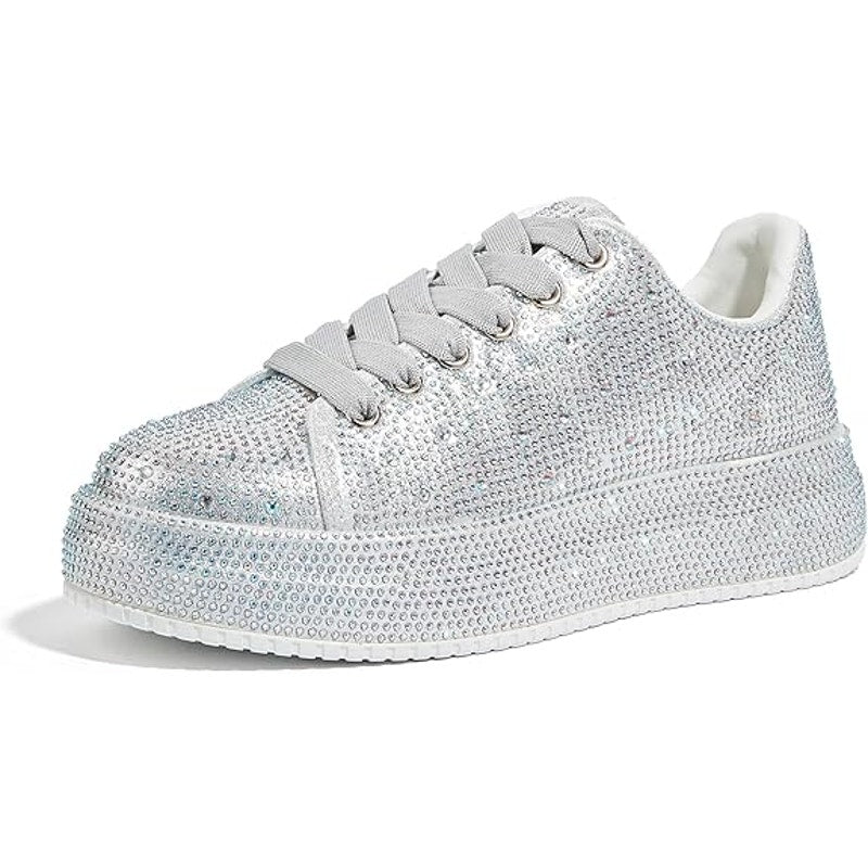 Lucky Step Womens Size 8 Silver Rhinestone Lace Up 1.5" Platform Sneakers Shoes